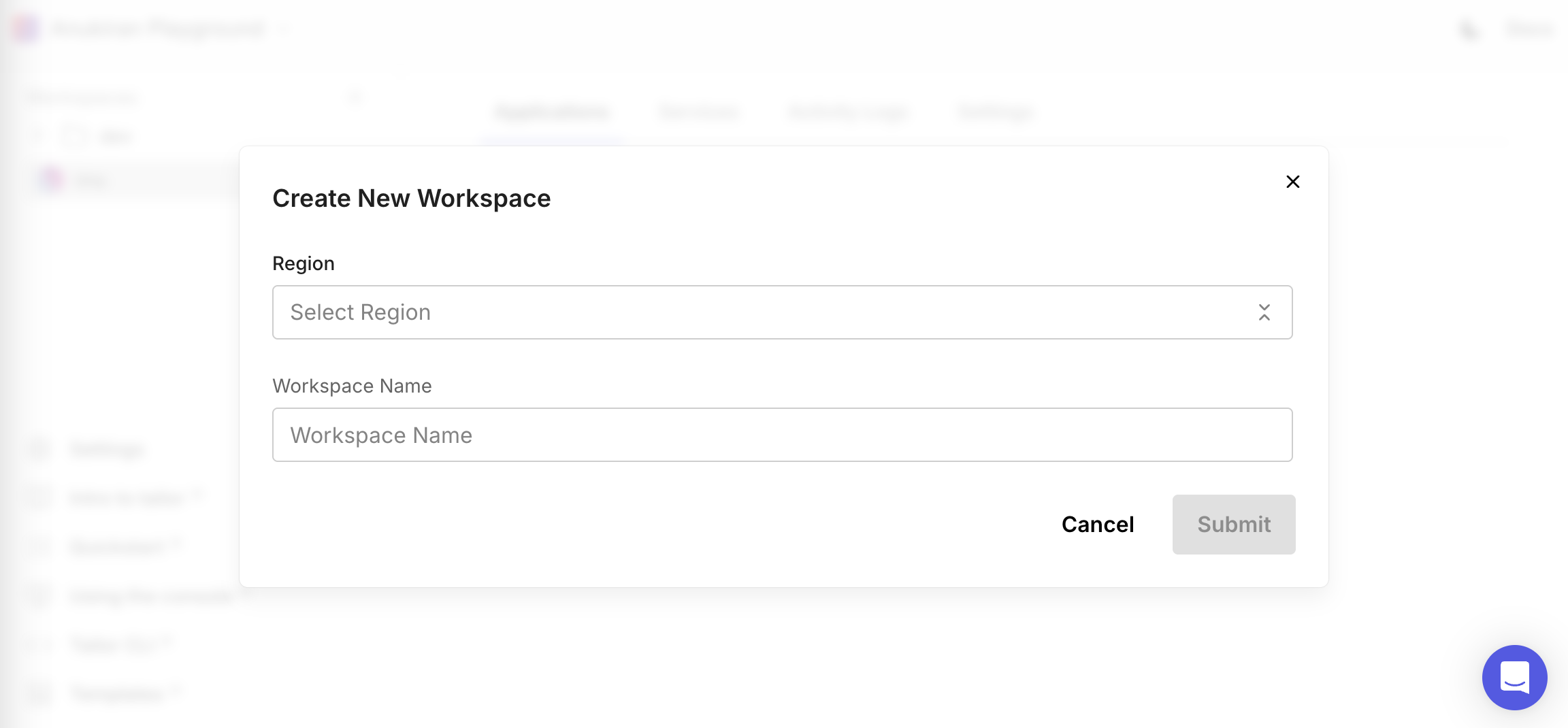 Console Create New Workspace Modal