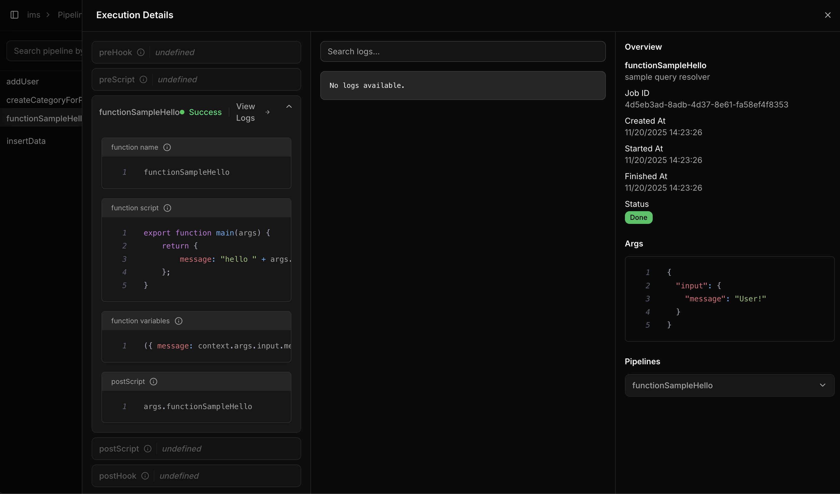 Console – Pipeline resolver execution logs details