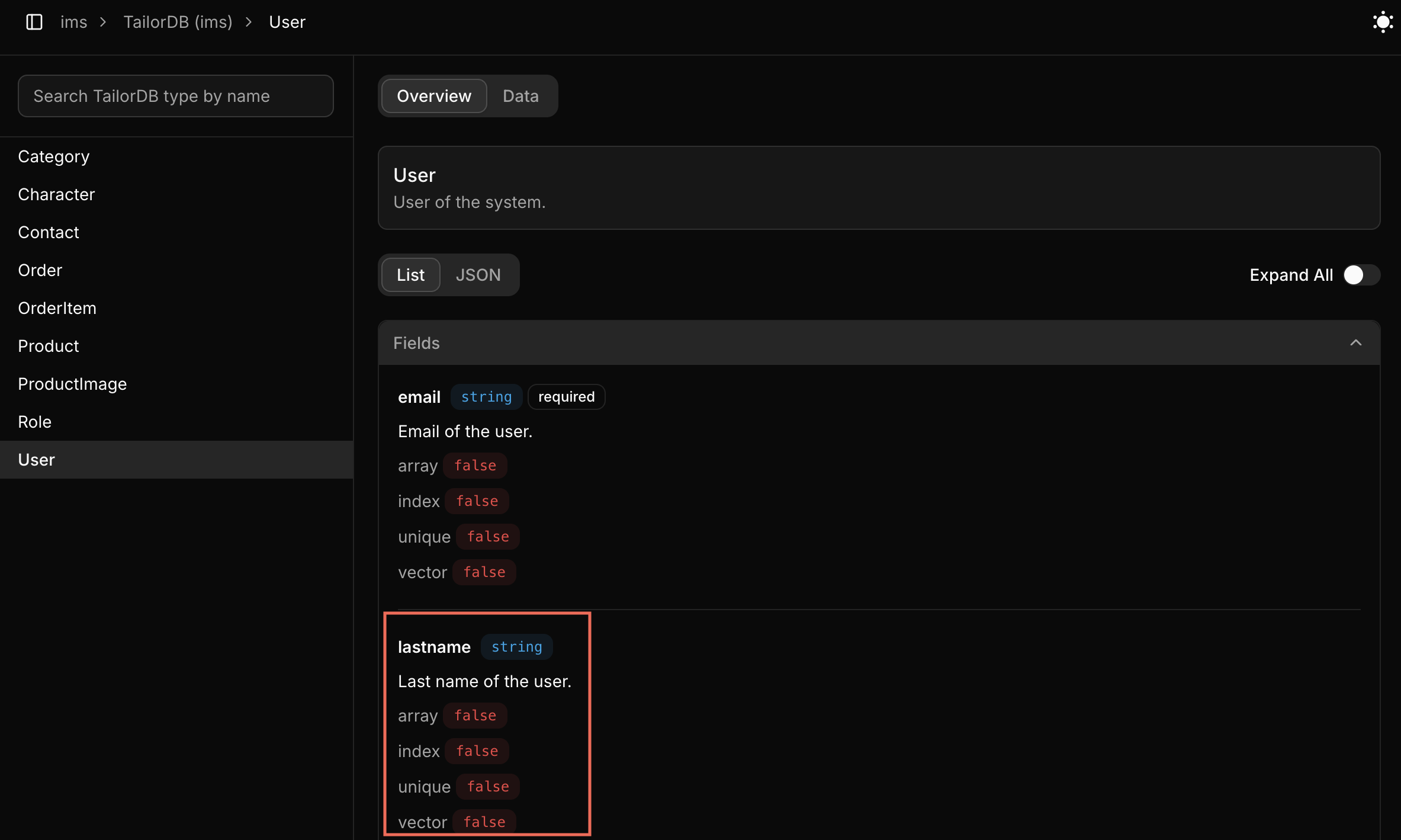 Schema overview page
