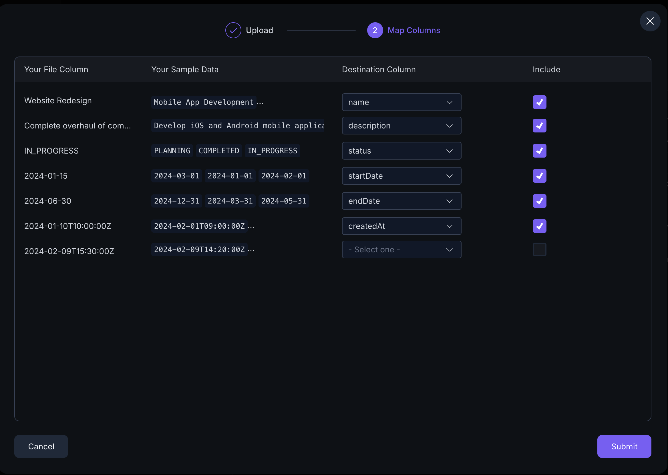 Tailor Console - Data import map columns