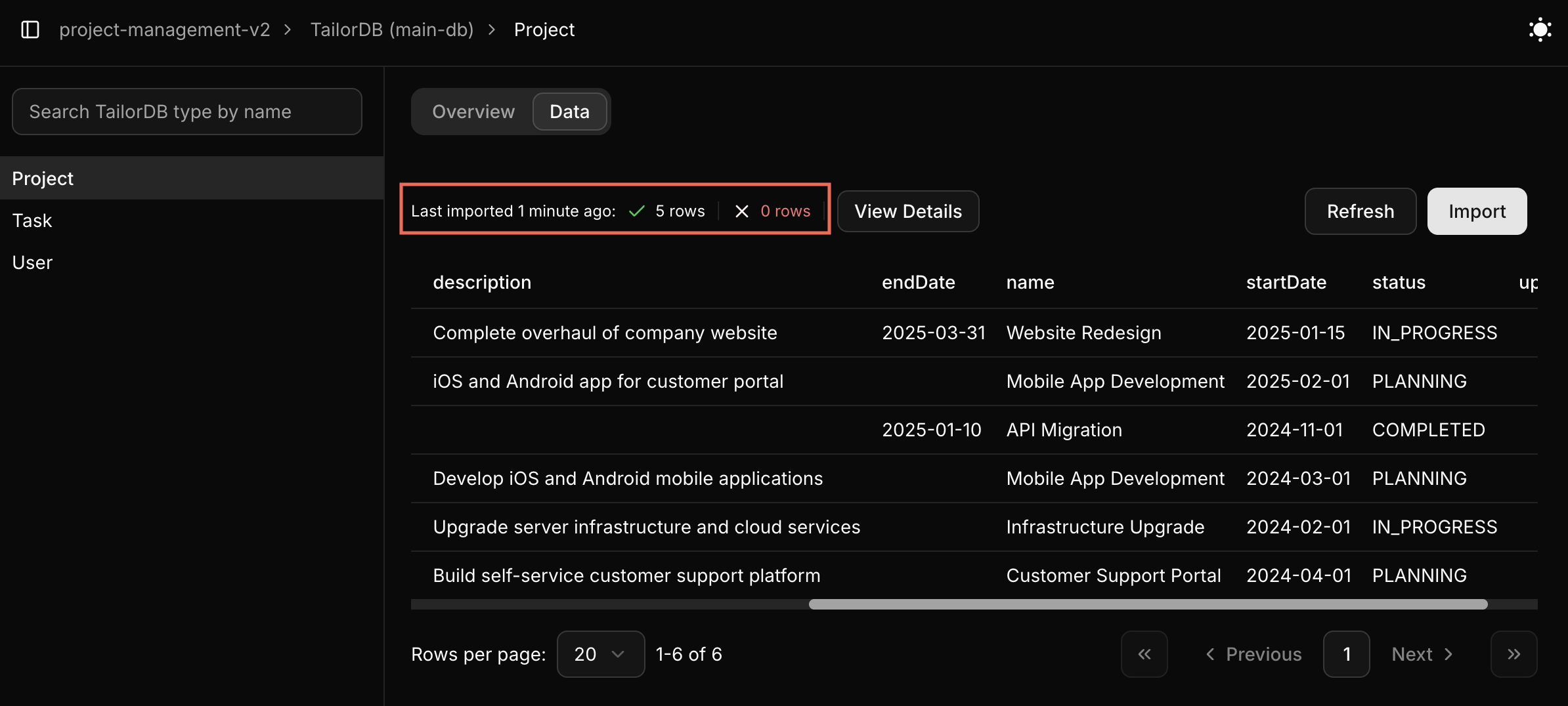 Tailor Console - Data import message