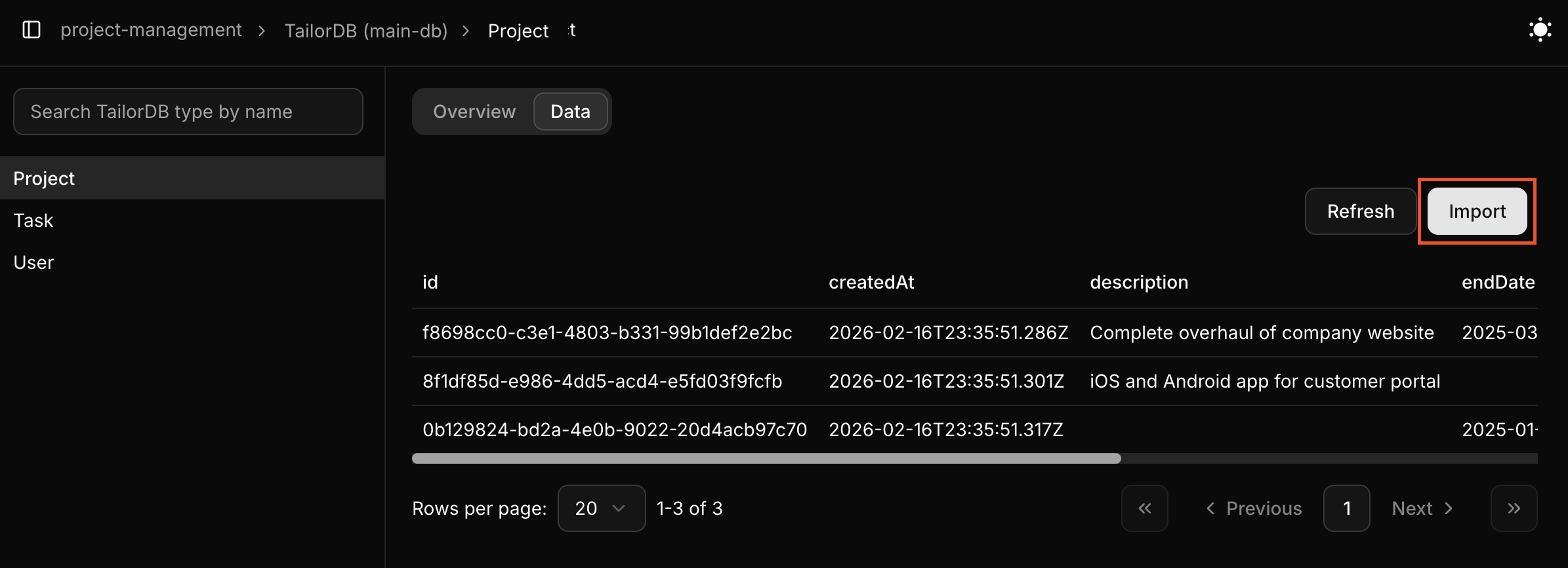Tailor Console - Data import