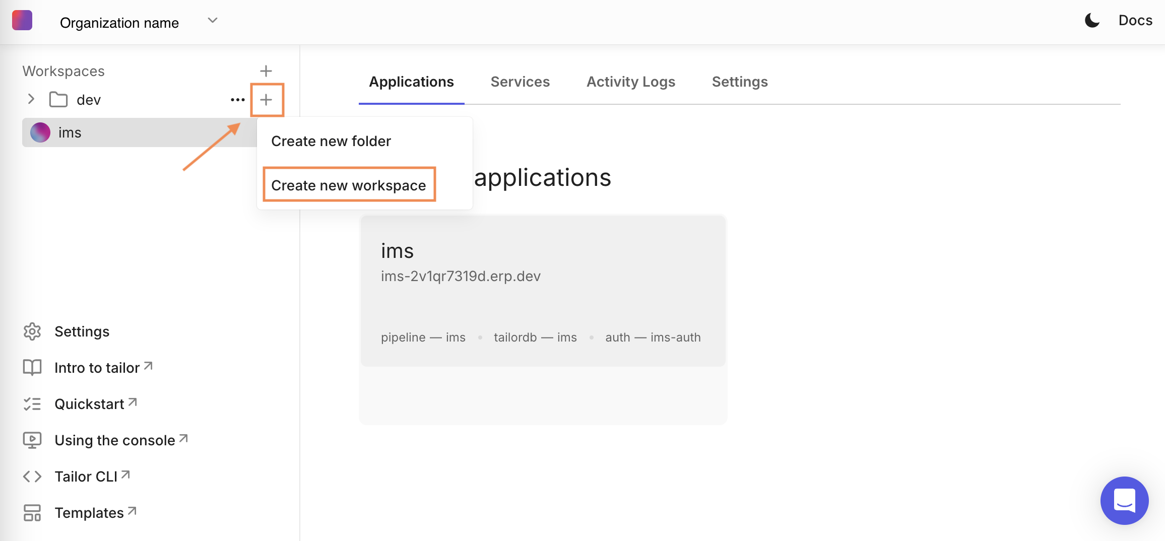 Console Create New Workspace