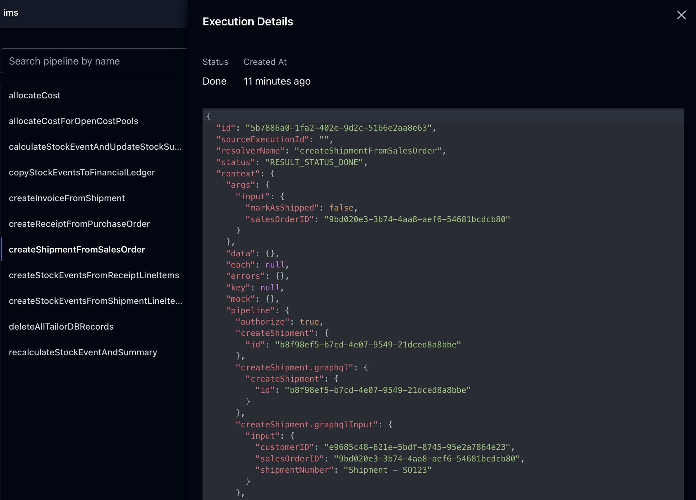 Console – Pipeline resolver execution logs details