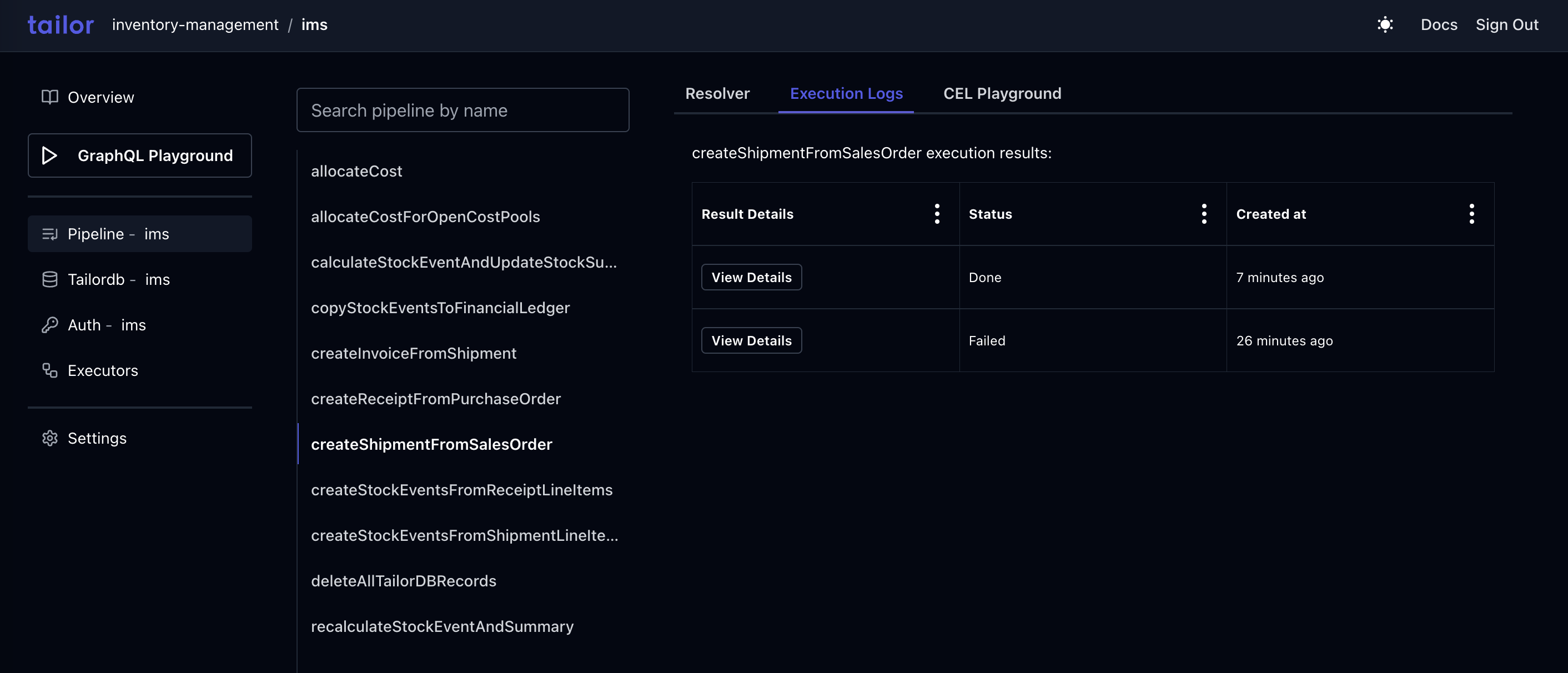 Console – Pipeline resolver execution logs