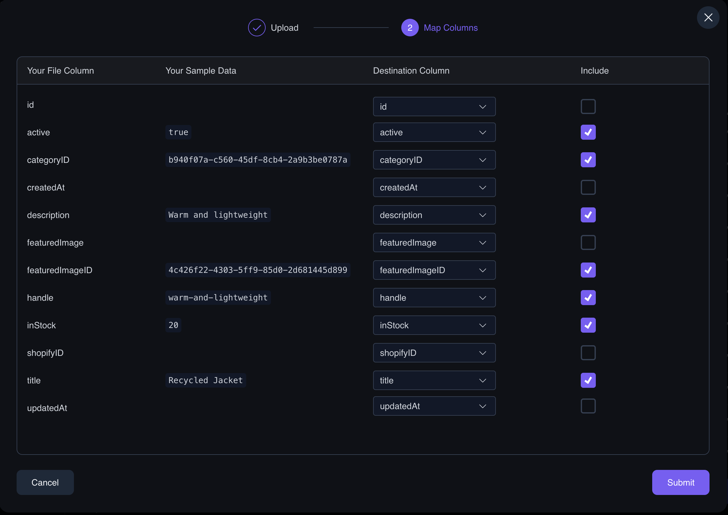 Tailor Console - Data import map columns