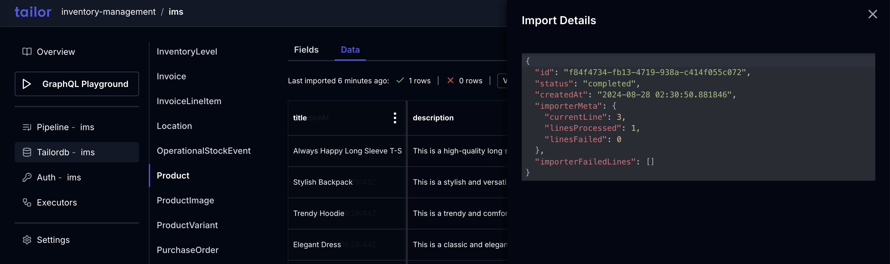 Tailor Console - Data import message details