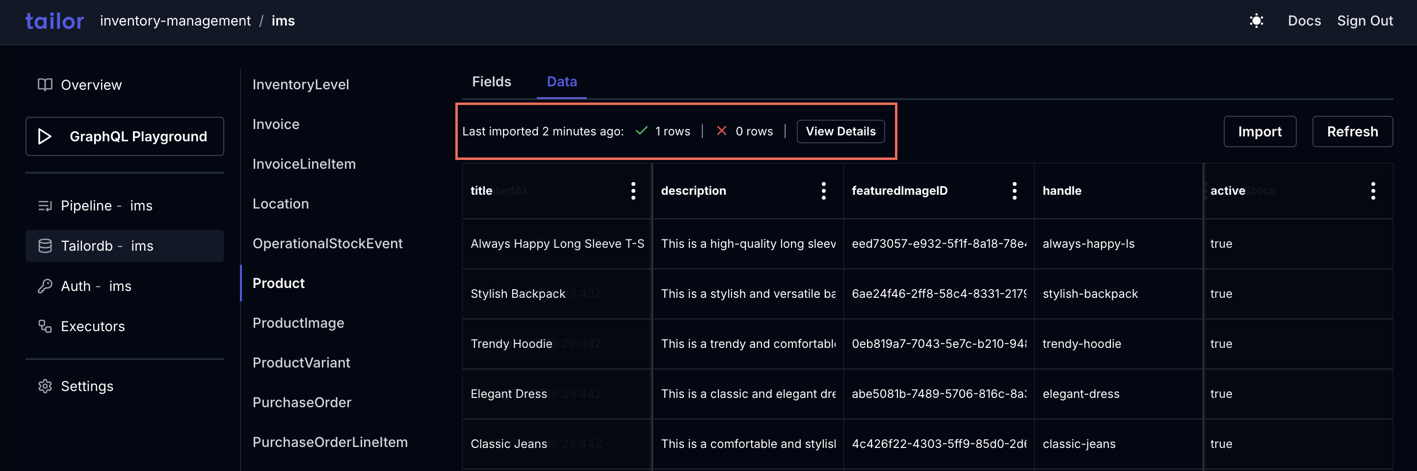 Tailor Console - Data import message