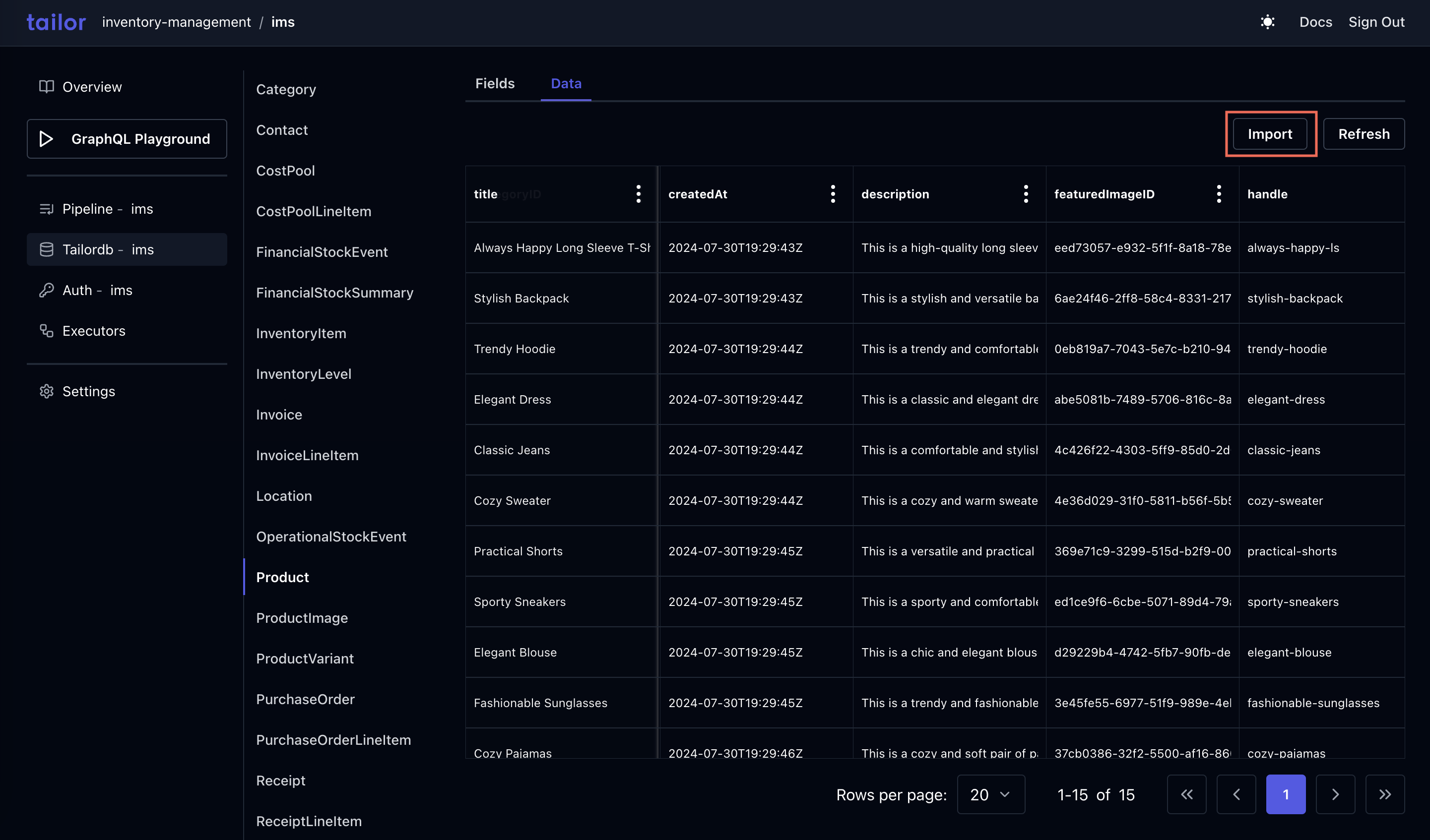 Tailor Console - Data import