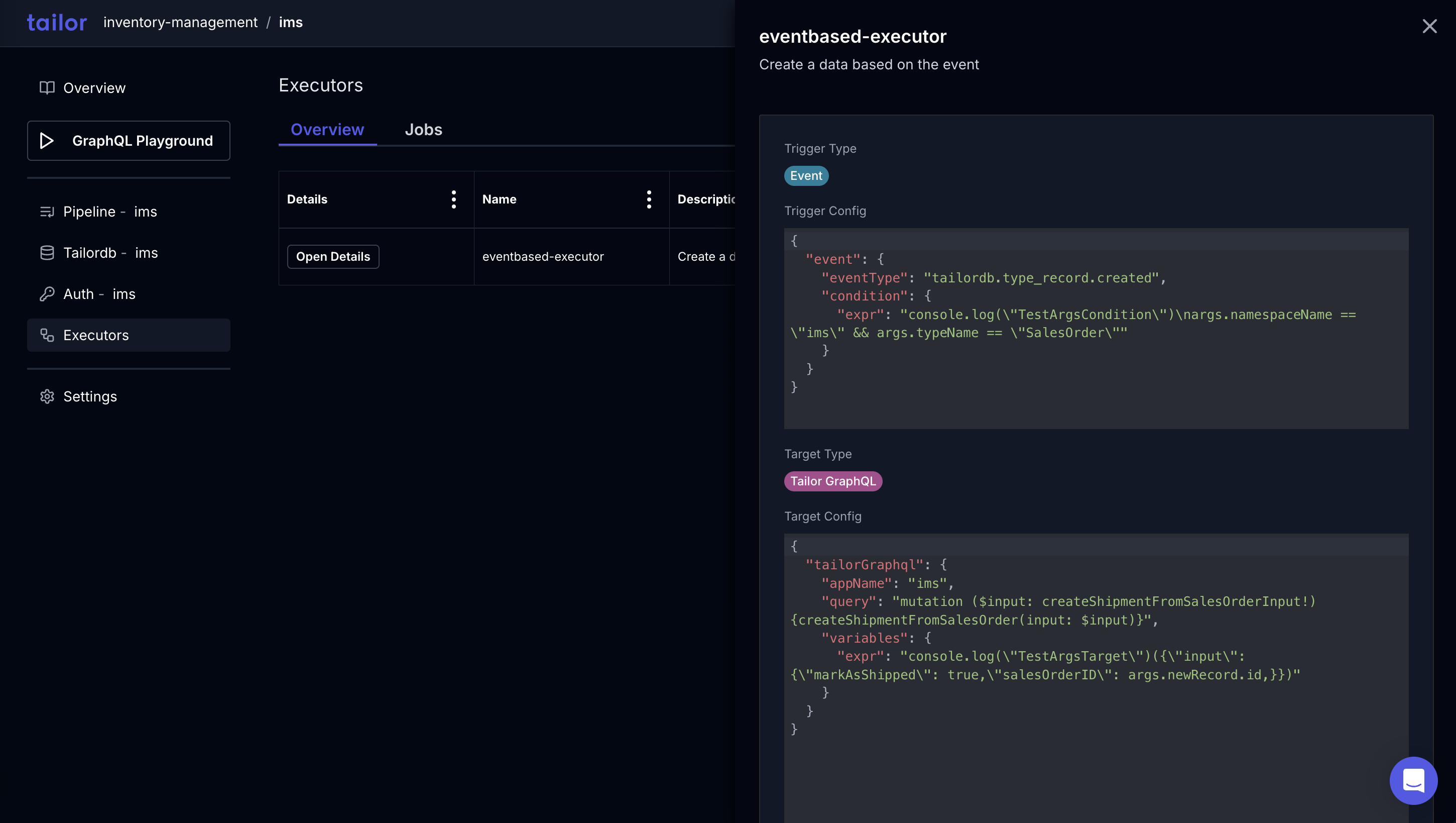 Tailor Console Executors Details